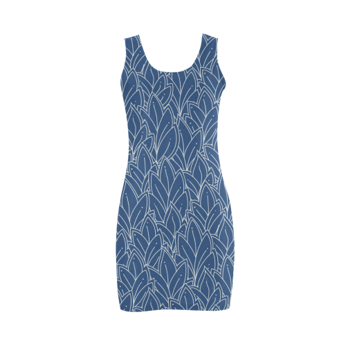 doodle leaf pattern navy blue & white Medea Vest Dress (Model D06)