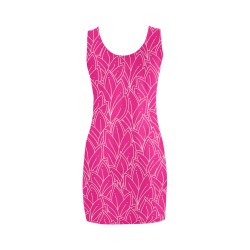 doodle leaf pattern hot pink & white Medea Vest Dress (Model D06)