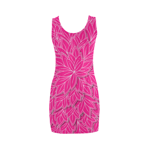 hot pink white floating leaf patttern Medea Vest Dress (Model D06)