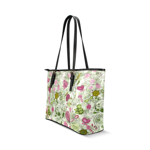 doodle flowers Leather Tote Bag/Small (Model 1640)