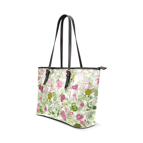 doodle flowers Leather Tote Bag/Small (Model 1640)