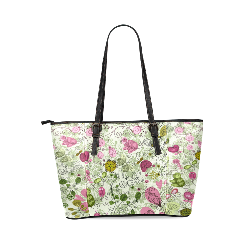 doodle flowers Leather Tote Bag/Small (Model 1640)