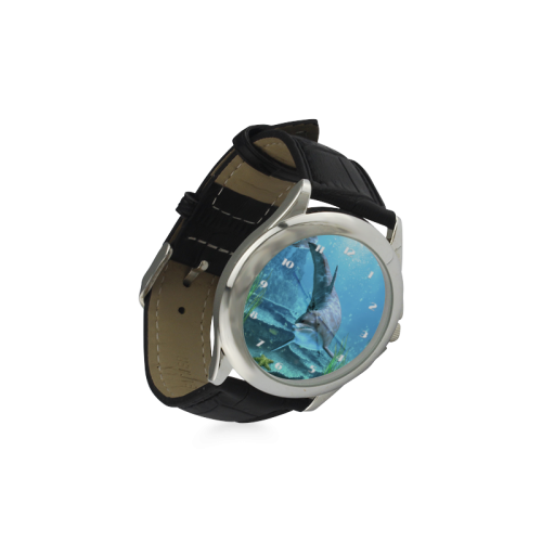 A proud dolphin swims in the ocean Women's Classic Leather Strap Watch(Model 203)