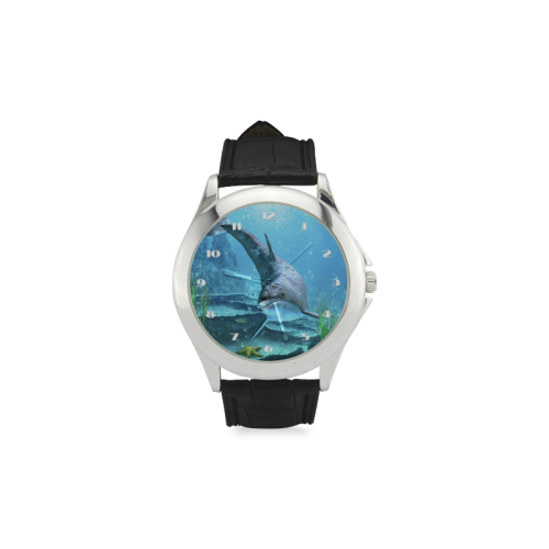 A proud dolphin swims in the ocean Women's Classic Leather Strap Watch(Model 203)