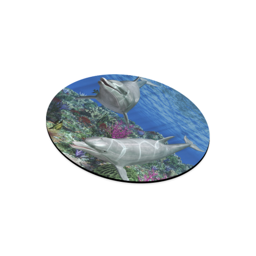 Two cute dolphins swim in the ocean Round Mousepad