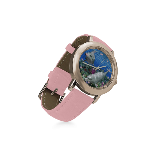 Two cute dolphins swim in the ocean Women's Rose Gold Leather Strap Watch(Model 201)