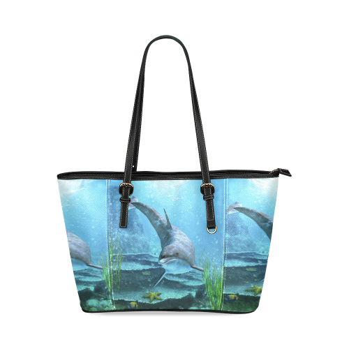 A proud dolphin swims in the ocean Leather Tote Bag/Small (Model 1640)