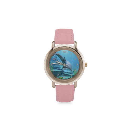 A proud dolphin swims in the ocean Women's Rose Gold Leather Strap Watch(Model 201)