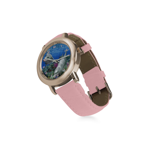 Two cute dolphins swim in the ocean Women's Rose Gold Leather Strap Watch(Model 201)