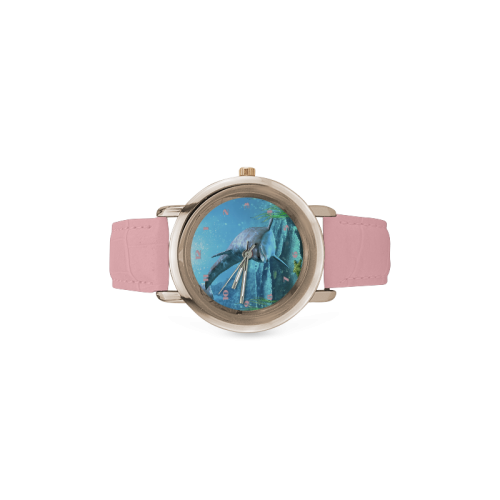 A proud dolphin swims in the ocean Women's Rose Gold Leather Strap Watch(Model 201)