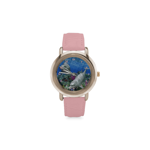 Two cute dolphins swim in the ocean Women's Rose Gold Leather Strap Watch(Model 201)