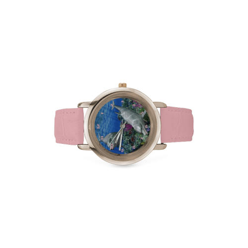 Two cute dolphins swim in the ocean Women's Rose Gold Leather Strap Watch(Model 201)