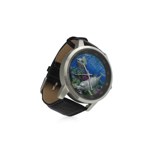 Two cute dolphins swim in the ocean Unisex Stainless Steel Leather Strap Watch(Model 202)