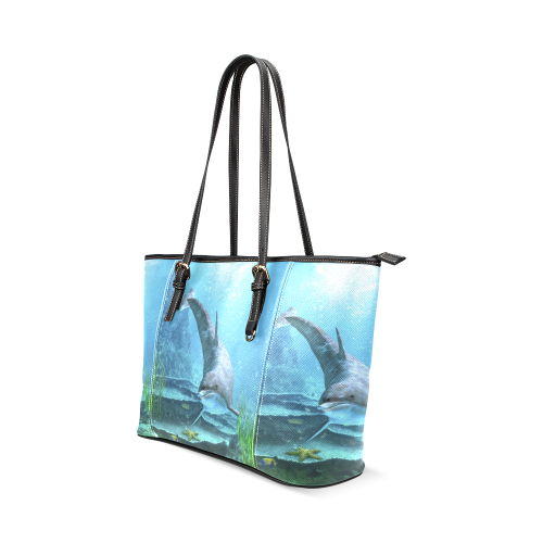 A proud dolphin swims in the ocean Leather Tote Bag/Small (Model 1640)