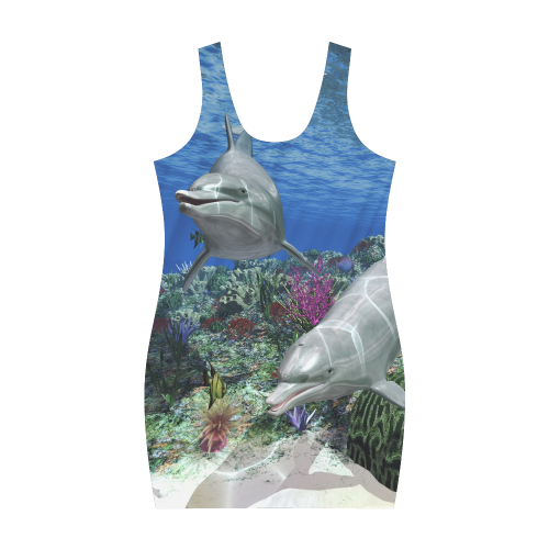 Two cute dolphins swim in the ocean Medea Vest Dress (Model D06)