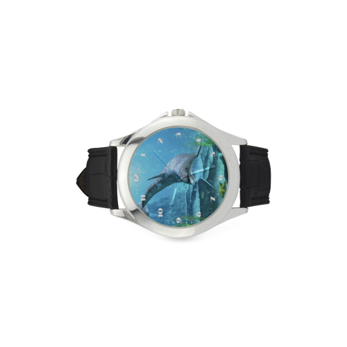A proud dolphin swims in the ocean Women's Classic Leather Strap Watch(Model 203)