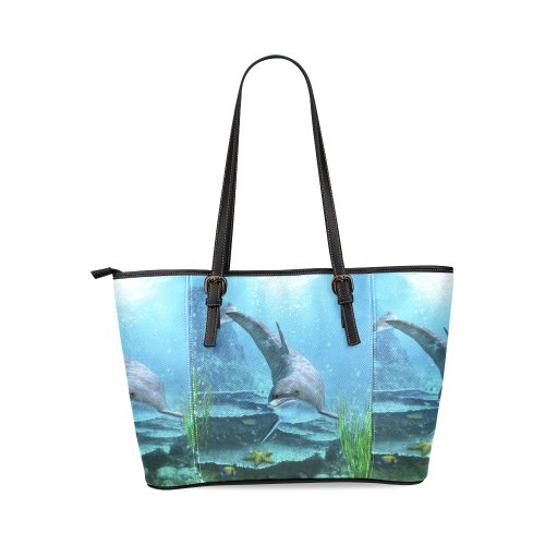 A proud dolphin swims in the ocean Leather Tote Bag/Small (Model 1640)