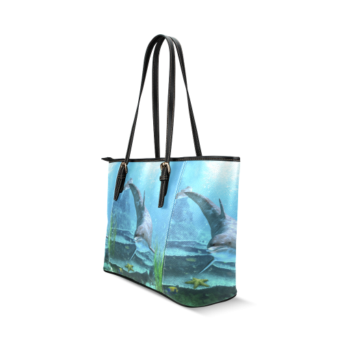 A proud dolphin swims in the ocean Leather Tote Bag/Small (Model 1640)