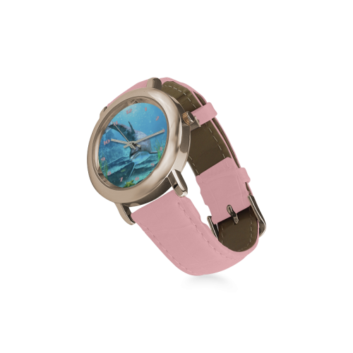 A proud dolphin swims in the ocean Women's Rose Gold Leather Strap Watch(Model 201)