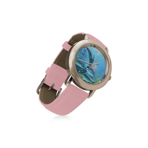 A proud dolphin swims in the ocean Women's Rose Gold Leather Strap Watch(Model 201)