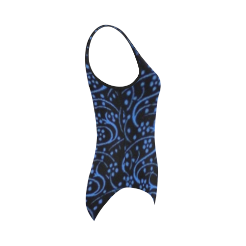 Vintage Swirl Floral Blue Black Vest One Piece Swimsuit (Model S04)