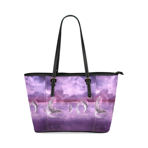 Dream Of Dolphins Leather Tote Bag/Large (Model 1640)