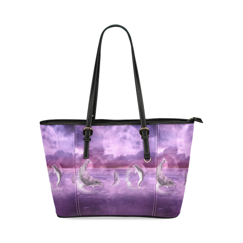 Dream Of Dolphins Leather Tote Bag/Large (Model 1640)