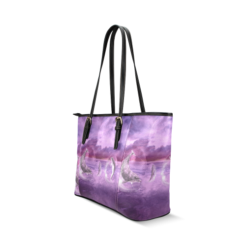 Dream Of Dolphins Leather Tote Bag/Large (Model 1640)