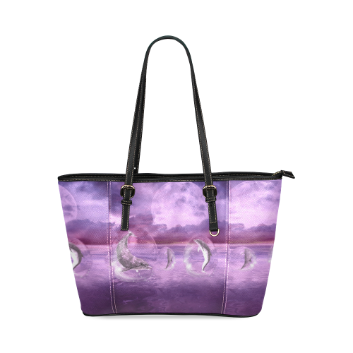 Dream Of Dolphins Leather Tote Bag/Small (Model 1640)