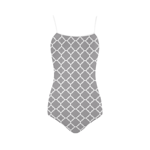 grey white quatrefoil classic pattern Strap Swimsuit ( Model S05)