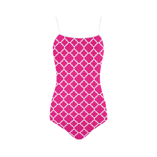 hot pink white quatrefoil classic pattern Strap Swimsuit ( Model S05)