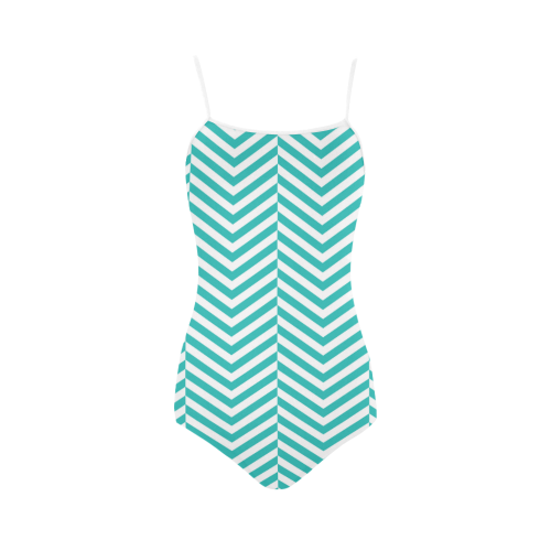 turquoise and white classic chevron pattern Strap Swimsuit ( Model S05)