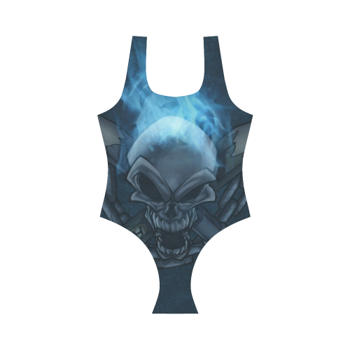 Blue flaming skull Vest One Piece Swimsuit (Model S04)