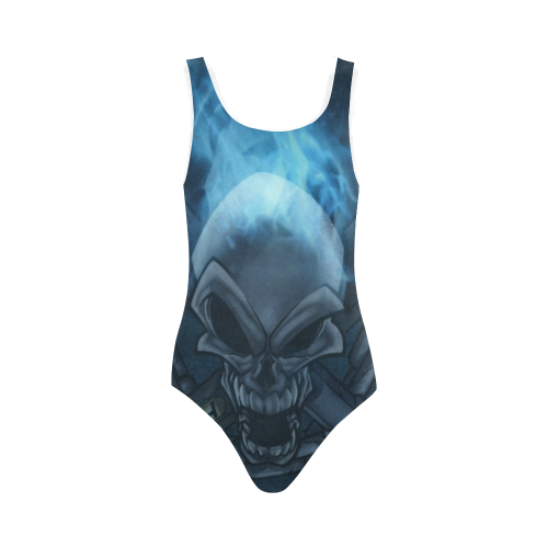 Blue flaming skull Vest One Piece Swimsuit (Model S04)