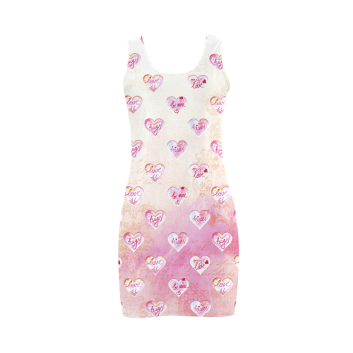 Vintage Pink Hearts with Love Words Medea Vest Dress (Model D06)