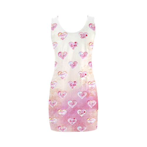 Vintage Pink Hearts with Love Words Medea Vest Dress (Model D06)
