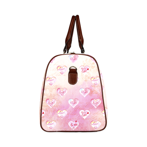 Vintage Pink Hearts with Love Words Waterproof Travel Bag/Small (Model 1639)