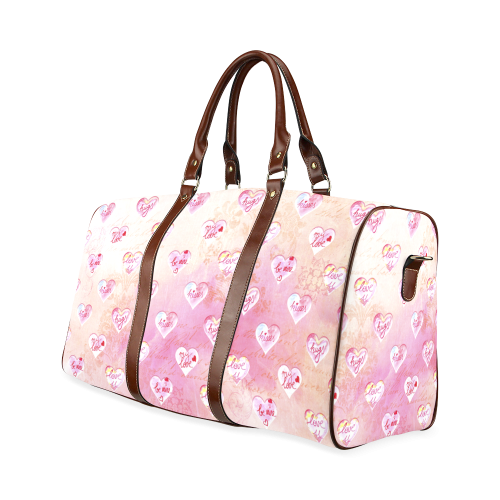 Vintage Pink Hearts with Love Words Waterproof Travel Bag/Large (Model 1639)
