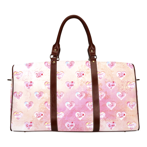 Vintage Pink Hearts with Love Words Waterproof Travel Bag/Large (Model 1639)