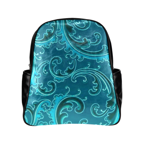 Vintage Swirls Curlicue Teal Turquoise Peacock Multi-Pockets Backpack (Model 1636)