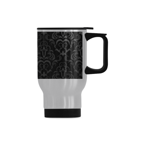 Black Grey Damasks Frame Monogram Initial Travel Mug (Silver) (14 Oz)