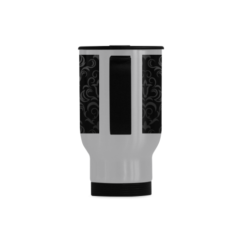 Black Grey Damasks Frame Monogram Initial Travel Mug (Silver) (14 Oz)