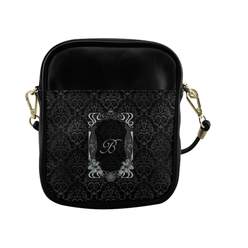 Black Grey Damasks Frame Monogram Initial Sling Bag (Model 1627)