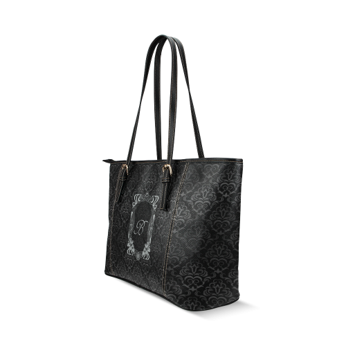 Black Grey Damasks Frame Monogram Initial Leather Tote Bag/Small (Model 1640)