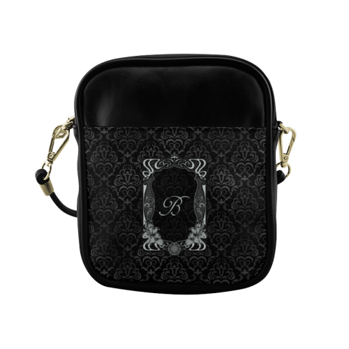 Black Grey Damasks Frame Monogram Initial Sling Bag (Model 1627)