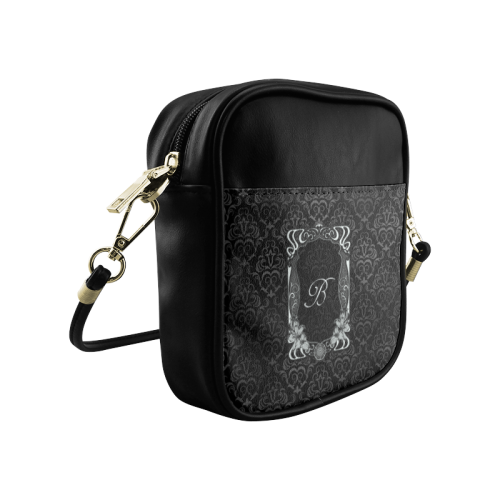 Black Grey Damasks Frame Monogram Initial Sling Bag (Model 1627)