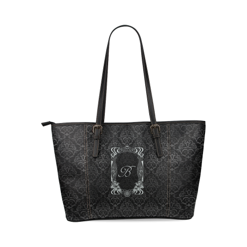 Black Grey Damasks Frame Monogram Initial Leather Tote Bag/Small (Model 1640)