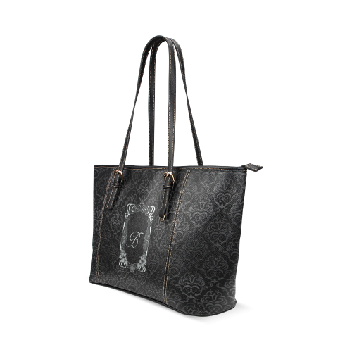 Black Grey Damasks Frame Monogram Initial Leather Tote Bag/Small (Model 1640)