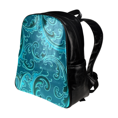 Vintage Swirls Curlicue Teal Turquoise Peacock Multi-Pockets Backpack (Model 1636)
