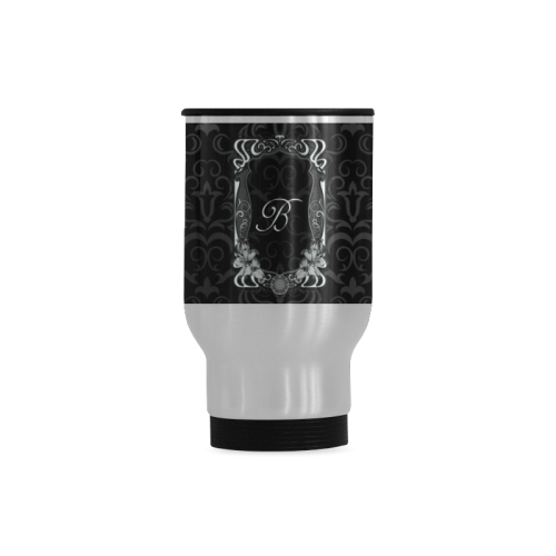 Black Grey Damasks Frame Monogram Initial Travel Mug (Silver) (14 Oz)